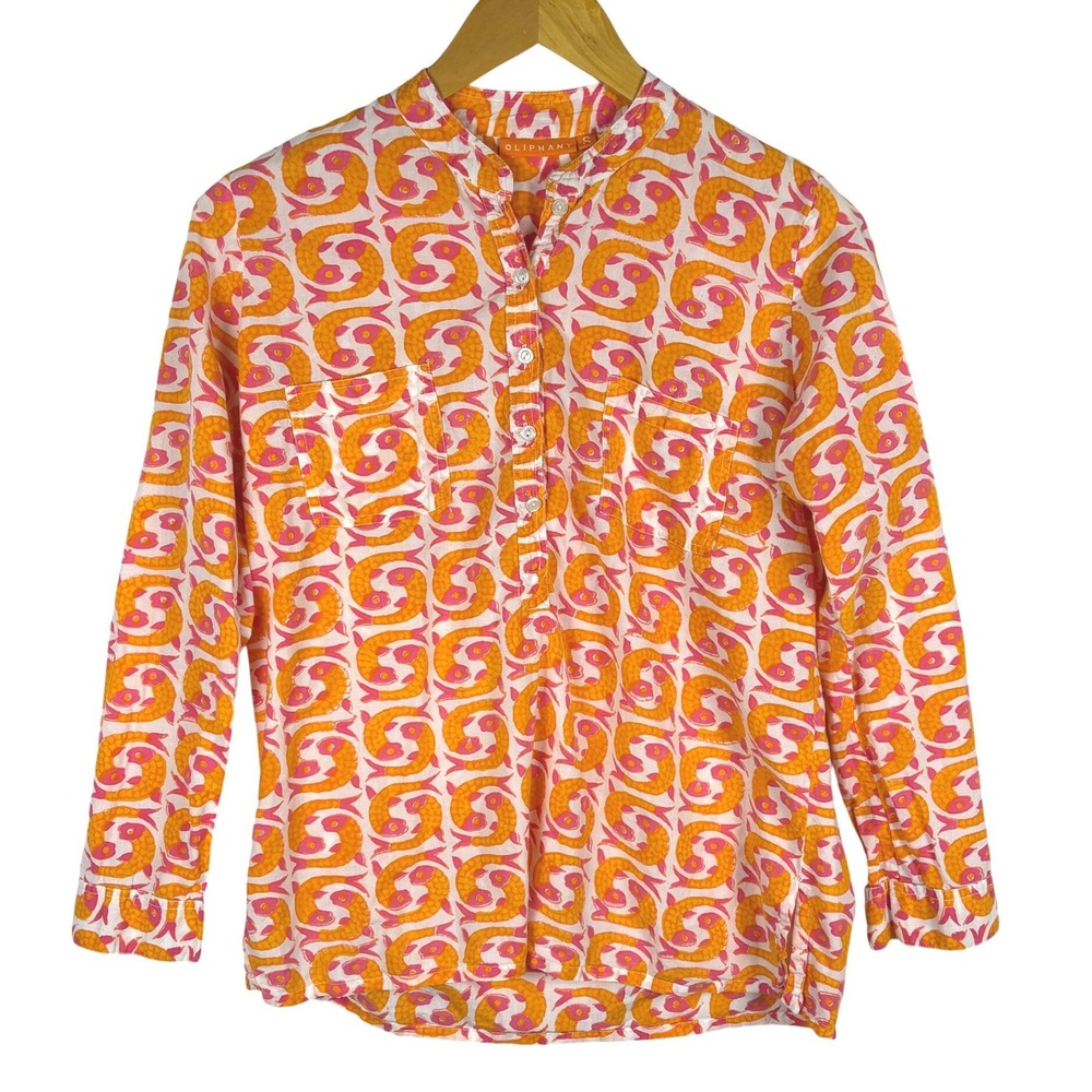 Oliphant Fish Tunic Blouse Shirt S Orange Pink Cotton Block Print Resort Beachy